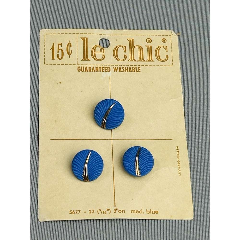 Cornflower Blue & Gold Plastic Le Chic Buttons NEW On Card Set Of 3 - Picture 1 of 8